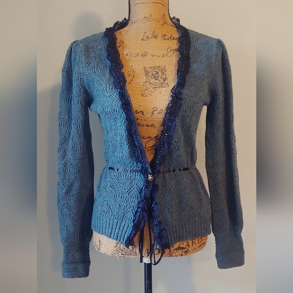 Whistles Wool Blend Cardigan Sweater w Lace Trim & Ribbon Tie Front Sz 4 - Picture 1 of 14